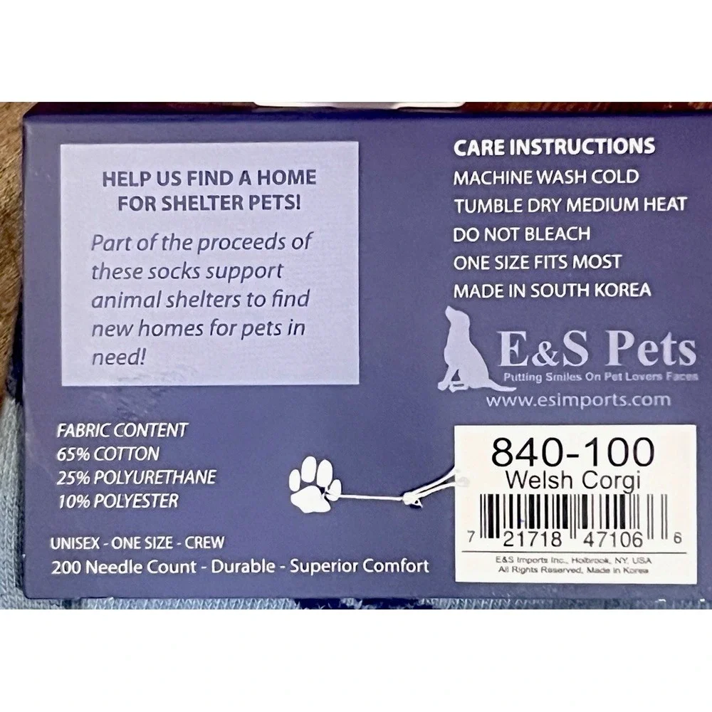 E&S Pets Welsh Corgi Crew Socks NWT One Size Blue Life Is Better With A Corgi